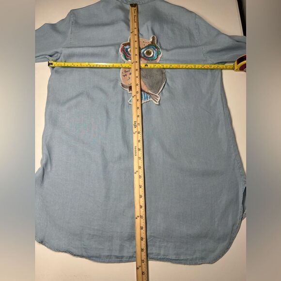 Vintage Owl Chambray Shirt Applique Embroidery Thin Denim Size M button-front - Picture 12 of 16